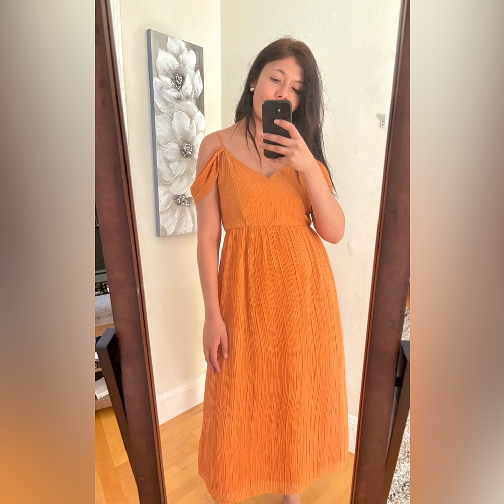Express Off the Shoulder Midi Dress Crinkled Wedding Orange Cottage Fairy Small